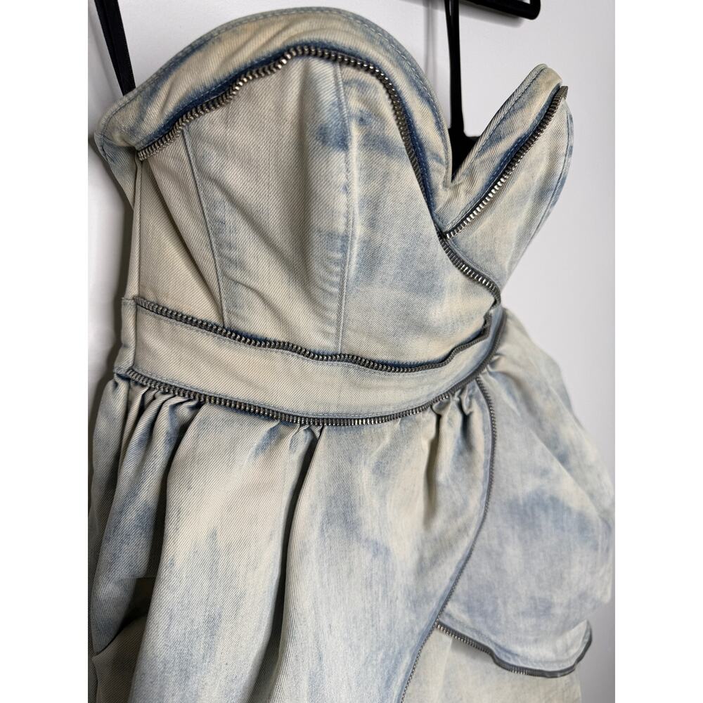Denim Mini Dress Strapless Bubble Hem Y2K Party Dress Corset Bustier GUESS - Picture 3 of 9